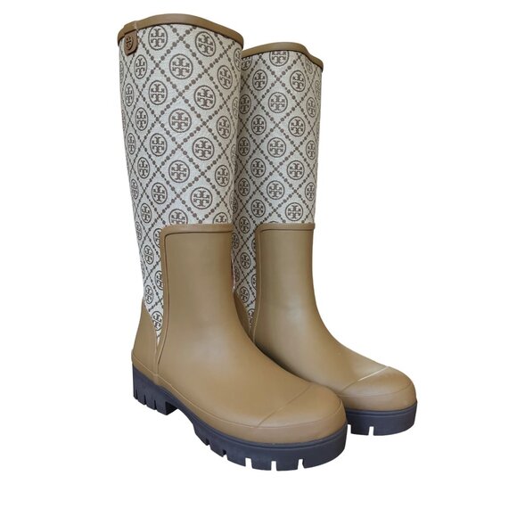 T-270. Tory Burch T Monogram Hurricane Tall Boot Perfect Hazel Bistro Brown - Picture 3 of 7